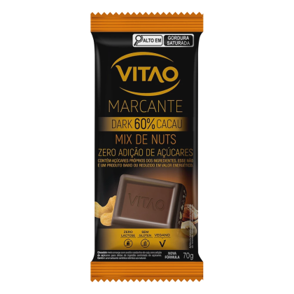 Chocolate Meio Amargo Nuts Zero açúcar Marcante Vitao - 70g Chocolate Meio Amargo Nuts Zero açúcar Marcante Vitao - 70g