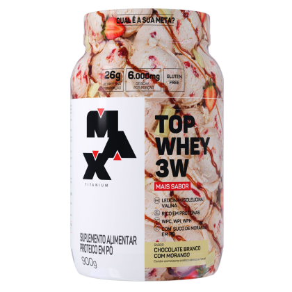 Top Whey 3W + Sabor Max Titanium Chocolate Branco com Morango - 900g Top Whey 3W + Sabor Max Titanium Chocolate Branco com Morango - 900g