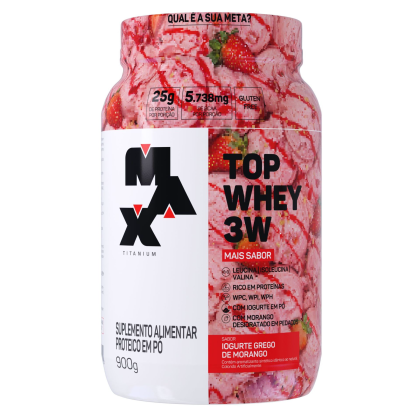 Top Whey 3W + Sabor Max Titanium Iogurte Grego com Morango - 900g Top Whey 3W + Sabor Max Titanium Iogurte Grego com Morango - 900g